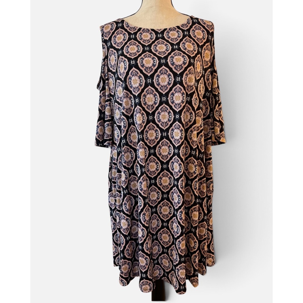 Emerald Womens 2X Cold Shoulder Medallion Print Tunic Dress Black Pink ETK-7184